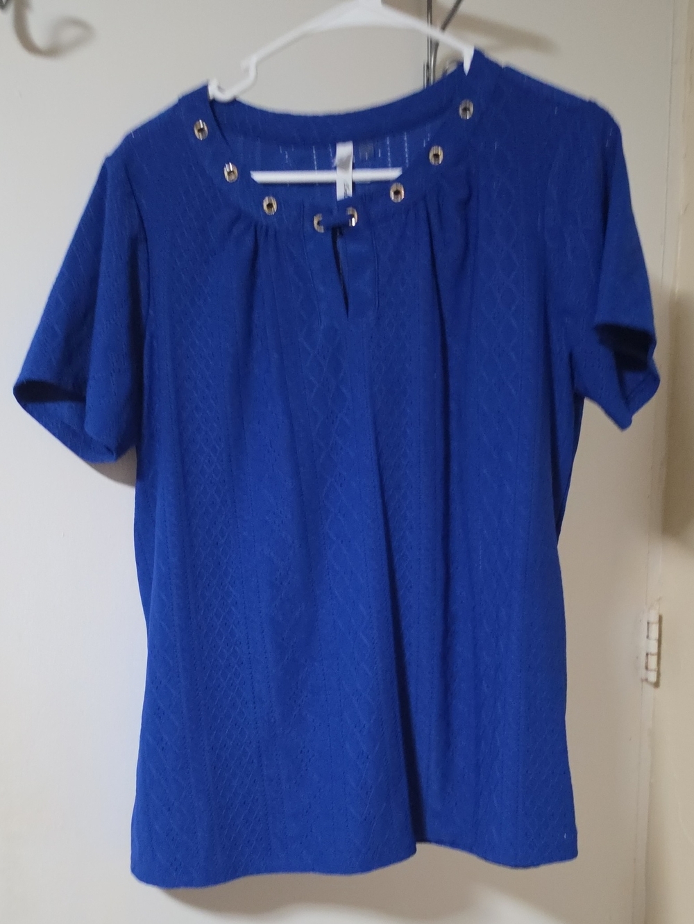NY Collection Royal Blue Short-Sleeve Top with Grommet Detail